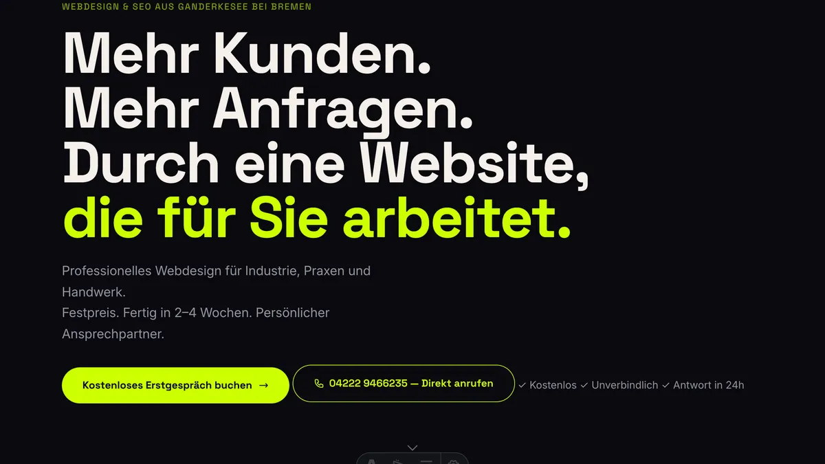 Anscheit Digital Homepage — Dark-Mode-Design mit Electric-Lime-Akzent