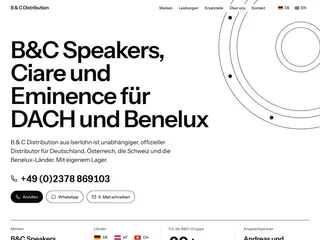 B & C Distribution — Startseite mit großer Überschrift, Telefonnummer und der Linienzeichnung eines Lautsprecher-Chassis auf weißem Grund