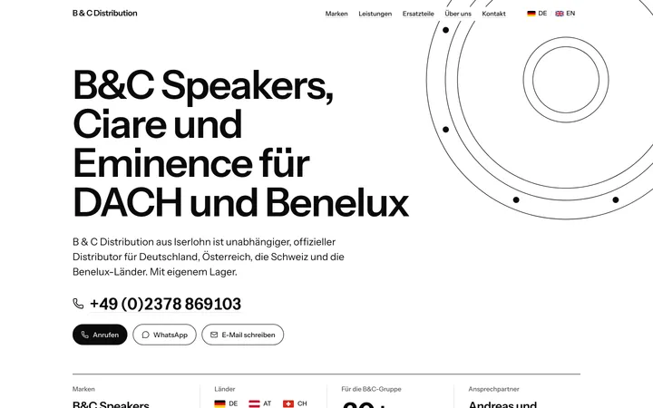 B & C Distribution — Startseite mit großer Überschrift, Telefonnummer und der Linienzeichnung eines Lautsprecher-Chassis auf weißem Grund