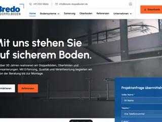 Bredo Doppelboden — neue Website mit dem Leitspruch „Mit uns stehen Sie auf sicherem Boden" und Projektanfrage-Formular