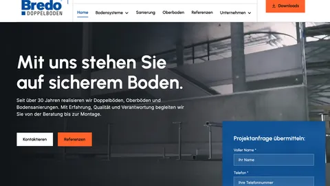 Bredo Doppelboden — neue Website mit dem Leitspruch „Mit uns stehen Sie auf sicherem Boden" und Projektanfrage-Formular