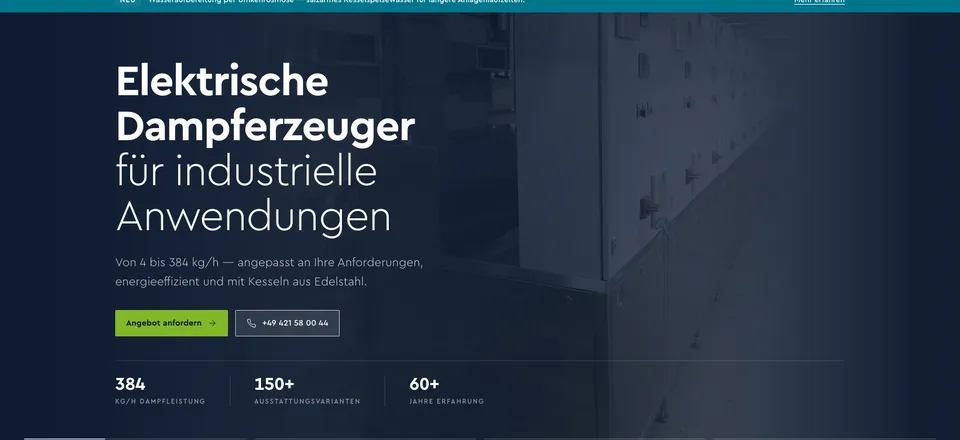 DINO Dampferzeuger — neue Startseite mit der Überschrift „Elektrische Dampferzeuger für industrielle Anwendungen" und der Auswahl nach benötigter Dampfleistung