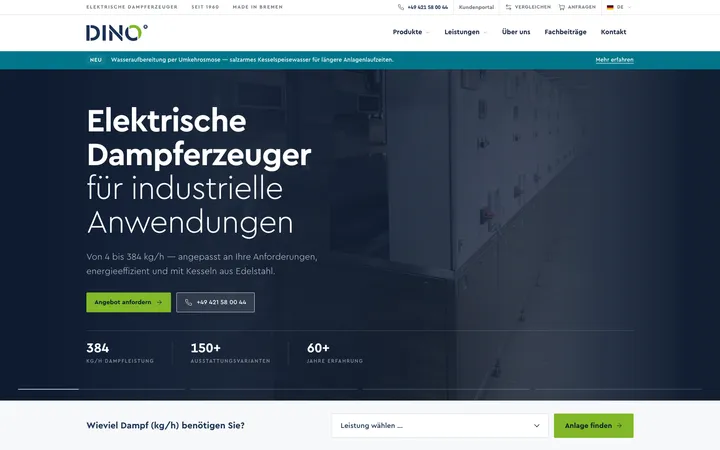 DINO Dampferzeuger — neue Startseite mit der Überschrift „Elektrische Dampferzeuger für industrielle Anwendungen" und der Auswahl nach benötigter Dampfleistung