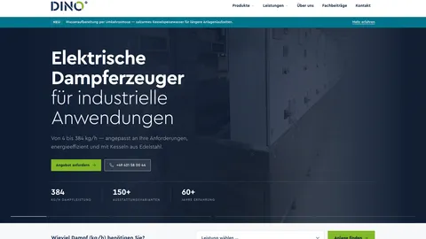 DINO Dampferzeuger — neue Startseite mit der Überschrift „Elektrische Dampferzeuger für industrielle Anwendungen" und der Auswahl nach benötigter Dampfleistung