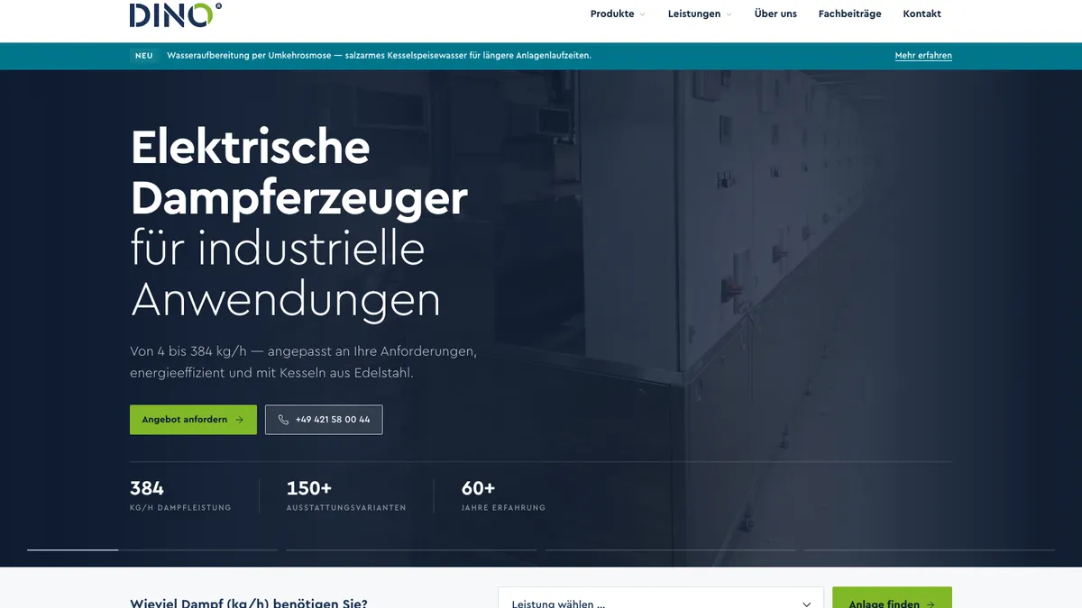 DINO Dampferzeuger — neue Startseite mit der Überschrift „Elektrische Dampferzeuger für industrielle Anwendungen" und der Auswahl nach benötigter Dampfleistung