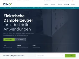 DINO Dampferzeuger — neue Startseite mit der Überschrift „Elektrische Dampferzeuger für industrielle Anwendungen" und der Auswahl nach benötigter Dampfleistung