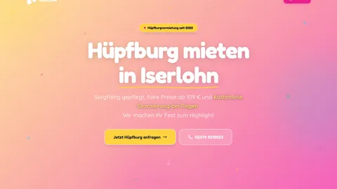 Hüpfburg-Vermietung Iserlohn — Hero mit Buchungs-CTA und Bounce-Universe-Design