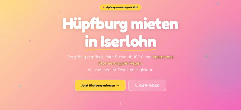 Hüpfburg-Vermietung Iserlohn — Hero mit Buchungs-CTA und Bounce-Universe-Design