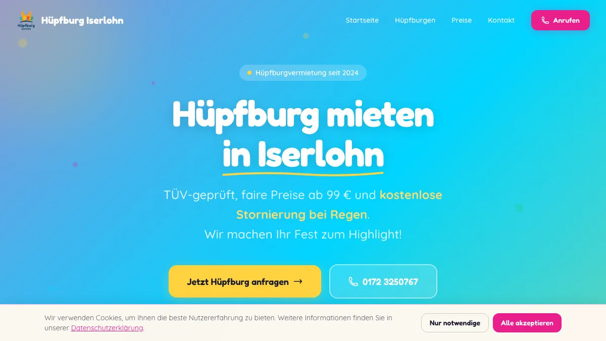 Hüpfburg-Vermietung Iserlohn — Bunte Hero-Sektion mit Buchungs-CTA