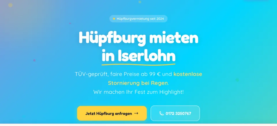 Hüpfburg-Vermietung Iserlohn — Bunte Hero-Sektion mit Buchungs-CTA