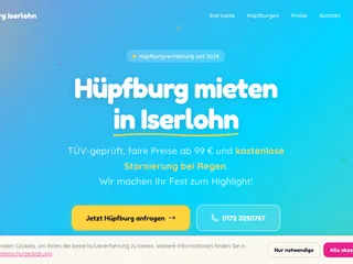 Hüpfburg-Vermietung Iserlohn — Bunte Hero-Sektion mit Buchungs-CTA