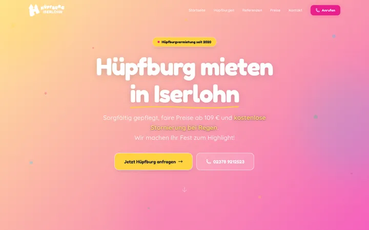 Hüpfburg-Vermietung Iserlohn — Hero mit Buchungs-CTA und Bounce-Universe-Design
