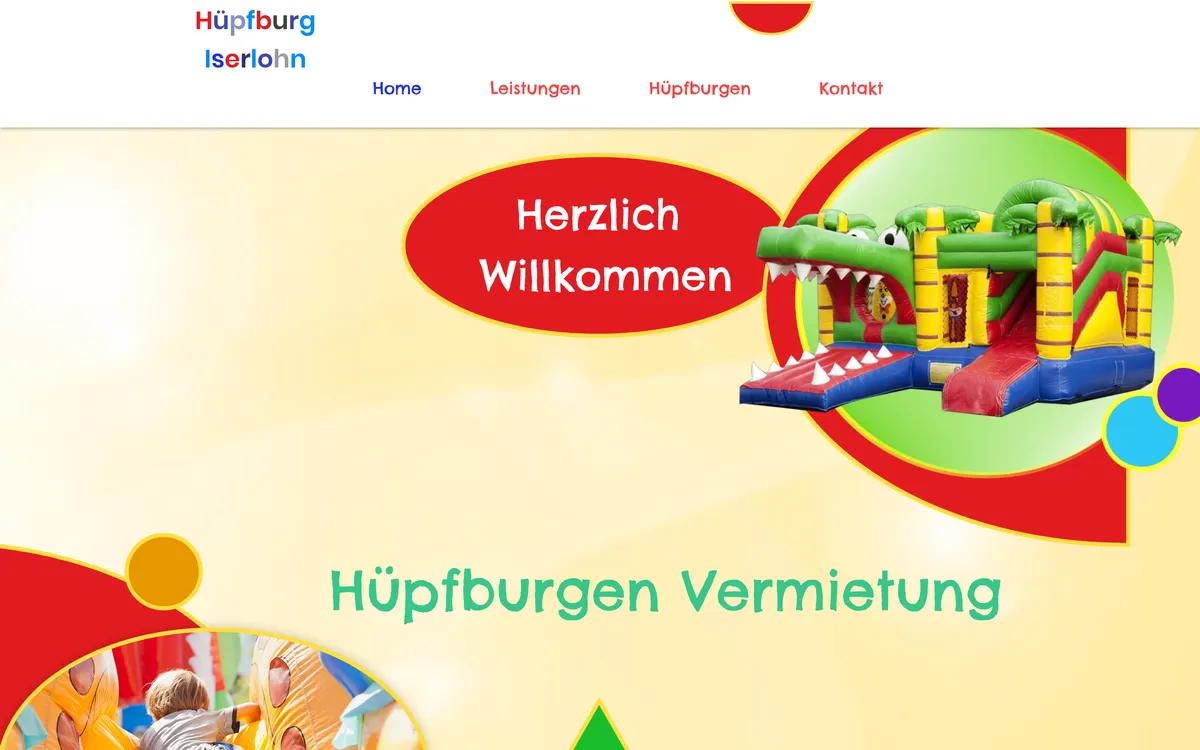 Alte Baukasten-Website der Hüpfburg-Vermietung — verwaschene Farben, kein klarer CTA