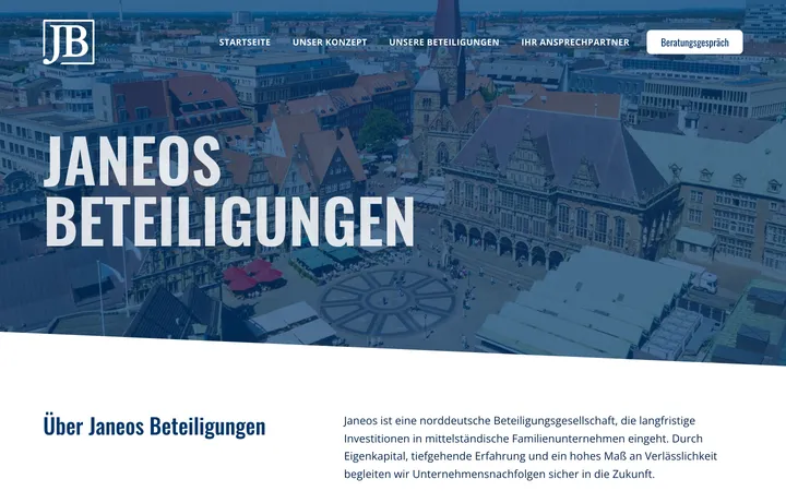 Janeos Beteiligungen — neuer Auftritt mit dunklem Hero über einem Bremer Stadtbild und der Vorstellung der gehaltenen Unternehmen