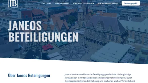 Janeos Beteiligungen — neuer Auftritt mit dunklem Hero über einem Bremer Stadtbild und der Vorstellung der gehaltenen Unternehmen
