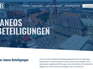 Janeos Beteiligungen — neuer Auftritt mit dunklem Hero über einem Bremer Stadtbild und der Vorstellung der gehaltenen Unternehmen