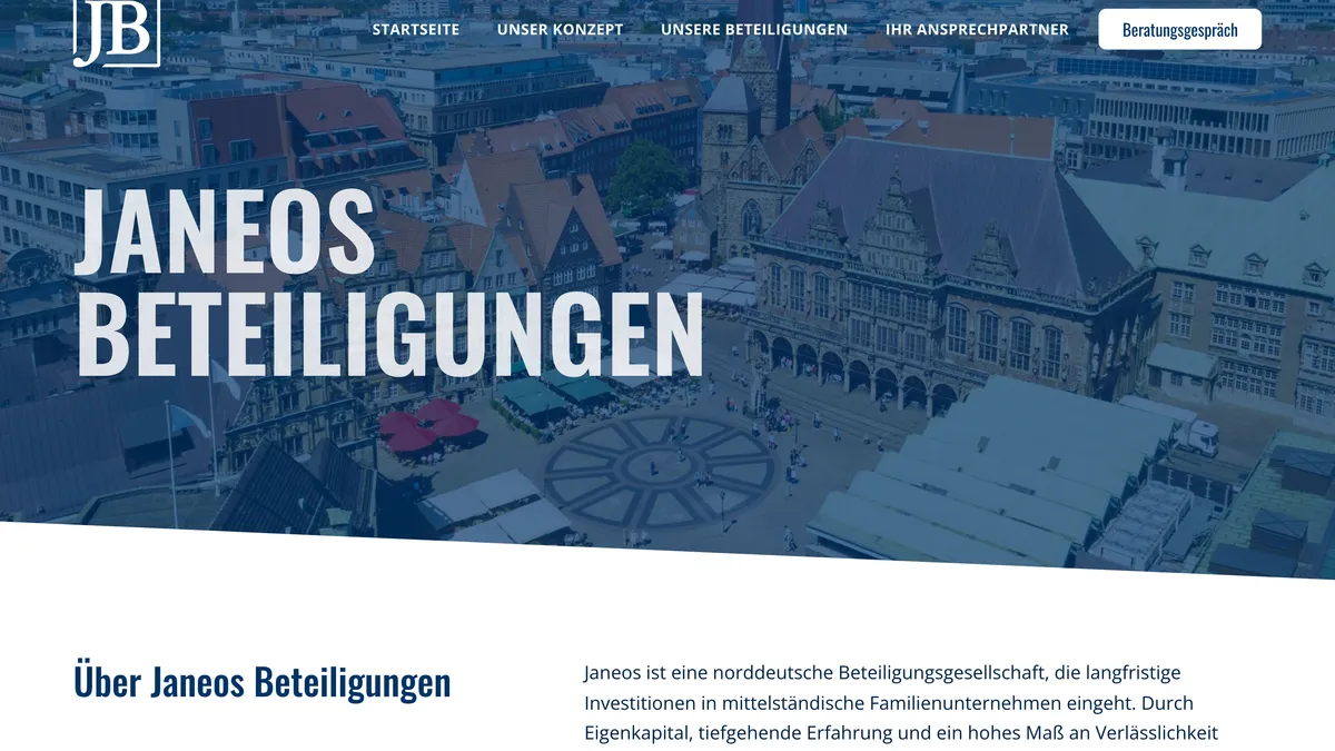 Janeos Beteiligungen — neuer Auftritt mit dunklem Hero über einem Bremer Stadtbild und der Vorstellung der gehaltenen Unternehmen