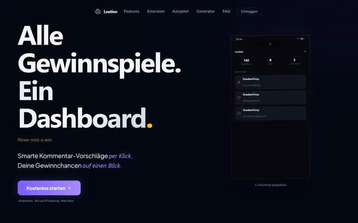 Lootivo Gewinnspiel-Dashboard — alle Gewinnspiele auf einen Blick mit Chrome Extension
