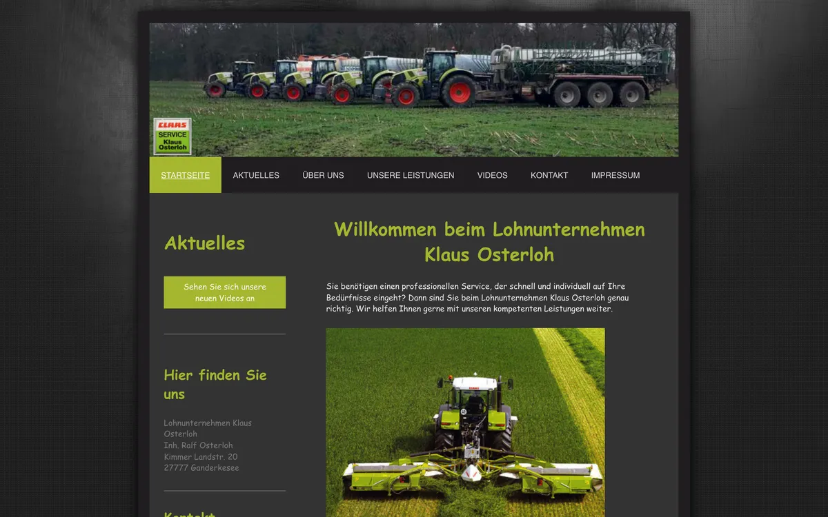 Alte Baukasten-Website Klaus Osterloh — dunkler Hintergrund, kleine Schrift, schwer lesbar