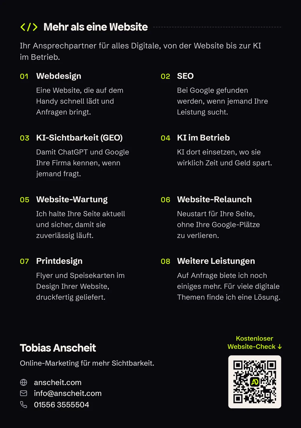 Rückseite des A5-Flyers mit der Überschrift „Mehr als eine Website“, acht Leistungen von Webdesign über SEO und KI bis Printdesign, Kontaktdaten und QR-Code zum kostenlosen Website-Check