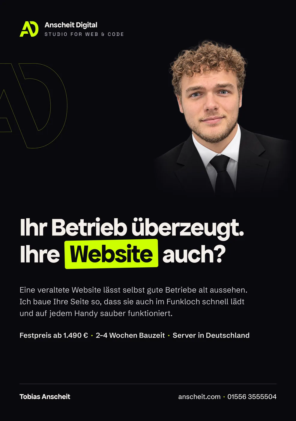 A5-Flyer von Anscheit Digital, Vorderseite mit Porträtfoto und der Überschrift „Ihr Betrieb überzeugt. Ihre Website auch?"