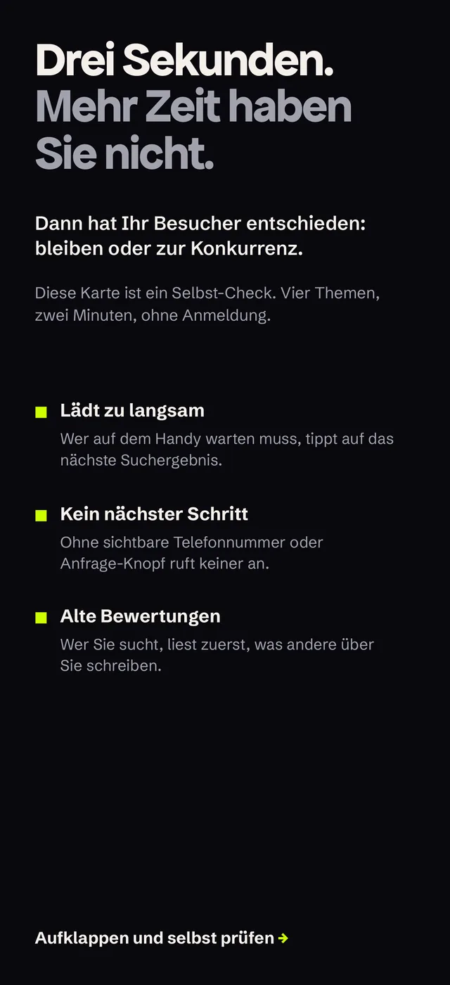 Klappflyer von Anscheit Digital, Einschlagseite mit der Überschrift „Drei Sekunden. Mehr Zeit haben Sie nicht." und der Aufforderung, aufzuklappen