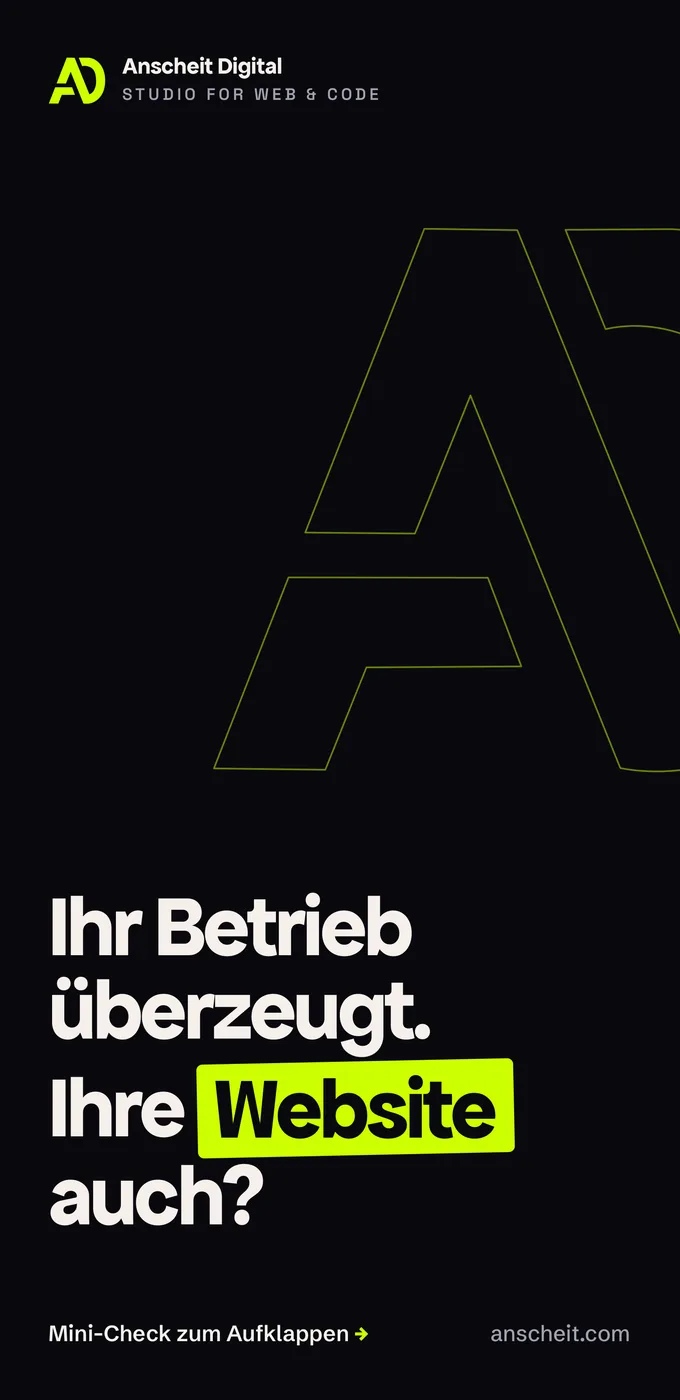 Klappflyer von Anscheit Digital, Titelseite mit dem Logo als großer Umriss und der Überschrift „Ihr Betrieb überzeugt. Ihre Website auch?"