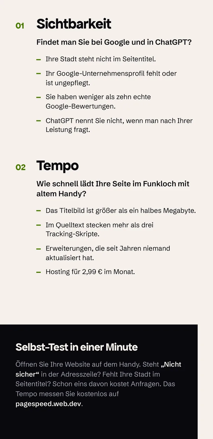 Klappflyer von Anscheit Digital, Innenseite links mit den Themen Sichtbarkeit und Tempo im Selbst-Check