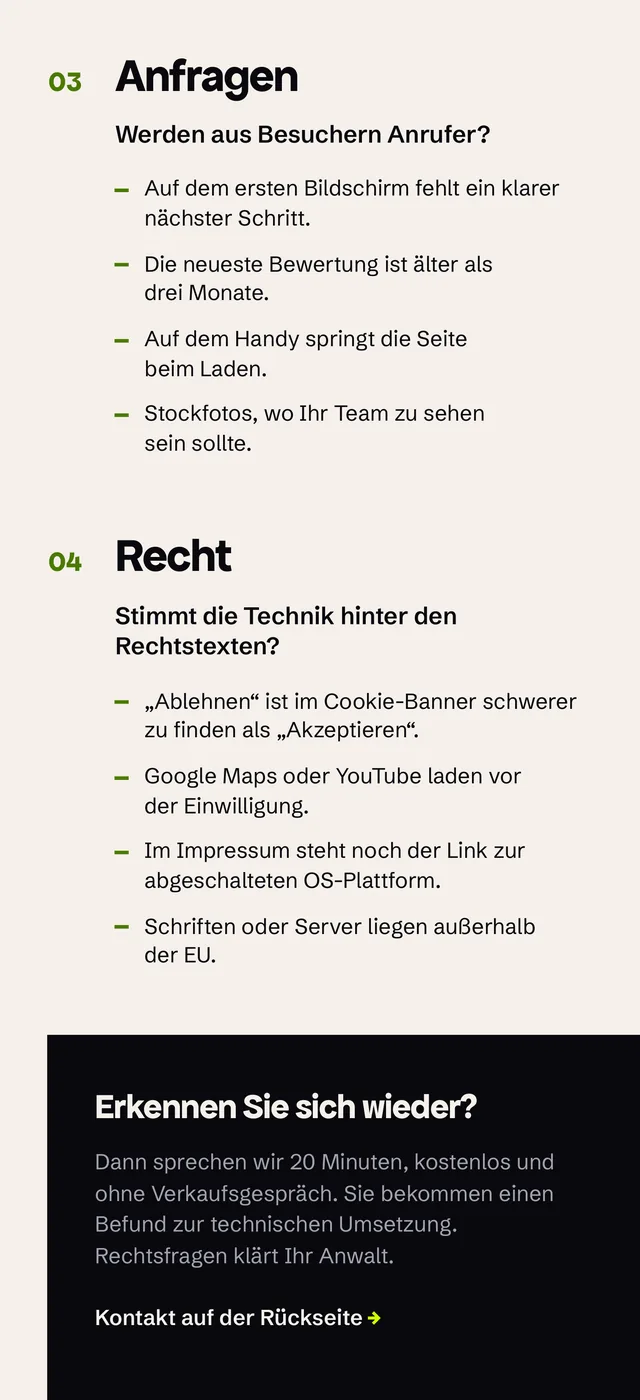 Klappflyer von Anscheit Digital, Innenseite rechts mit den Themen Anfragen und Recht im Selbst-Check