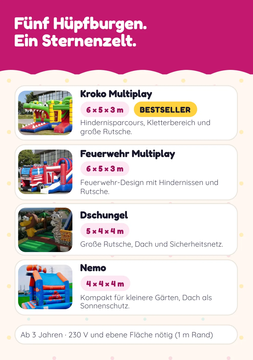 Flyer-Innenseite links: Fünf Hüpfburgen, ein Sternenzelt