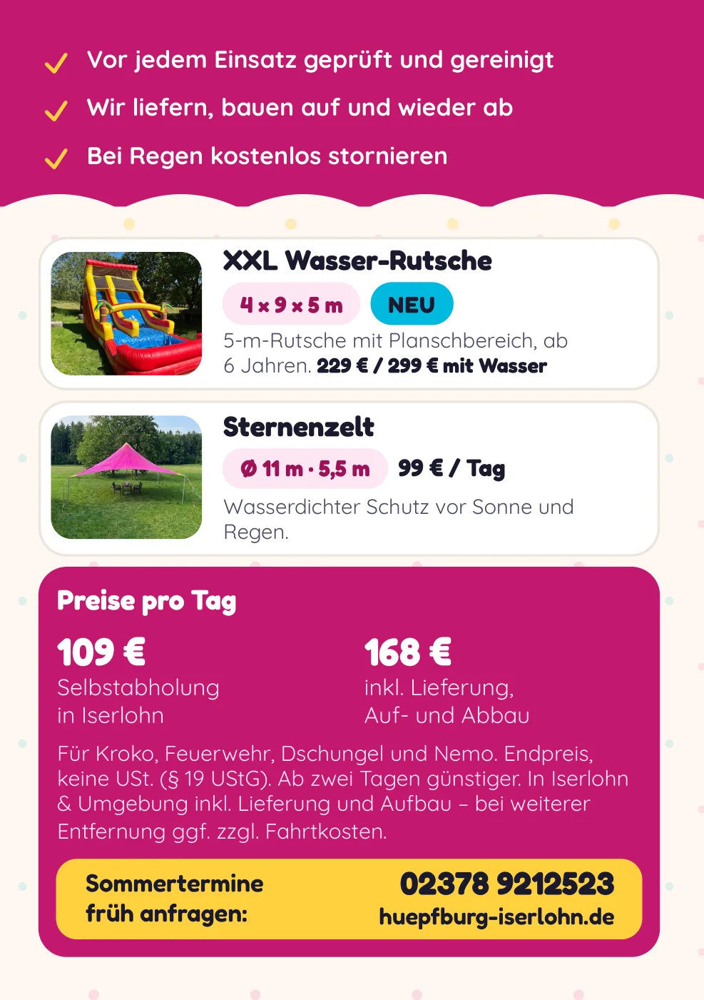 Flyer-Innenseite rechts: XXL Wasser-Rutsche, Sternenzelt, Preise