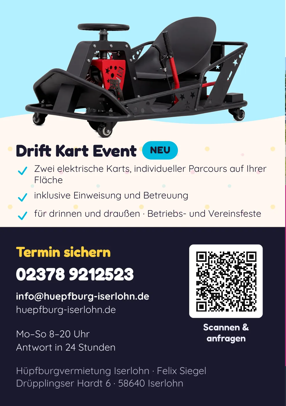 Flyer-Rückseite mit Telefonnummer, E-Mail und QR-Code zur Website